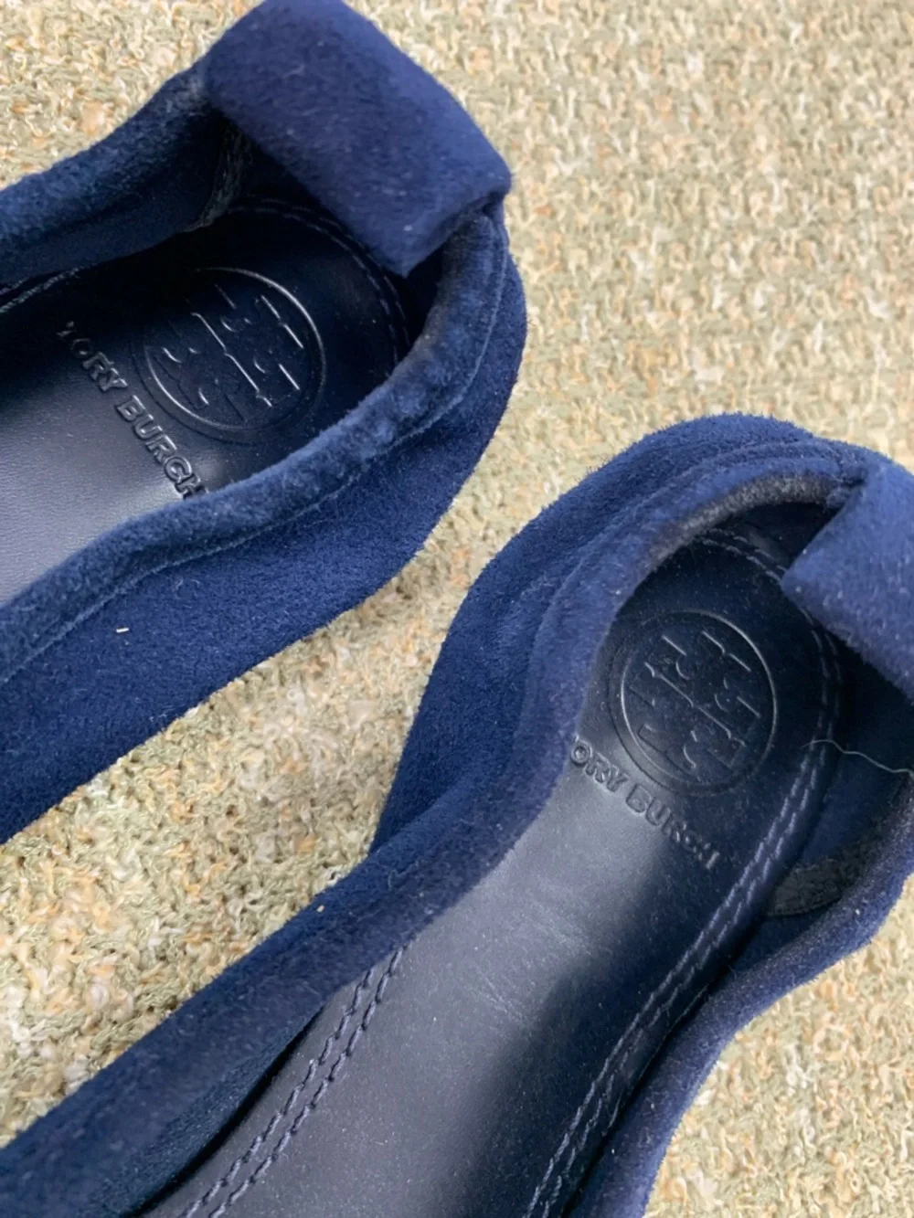 Tory Burch Navy Suede Round-Toe Ballet Flats with Gold Logo